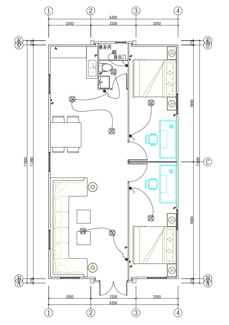 20x40 two-bedroom floor plan: two bedrooms on the right, each with a desk; kitchen, dining and living on the left.