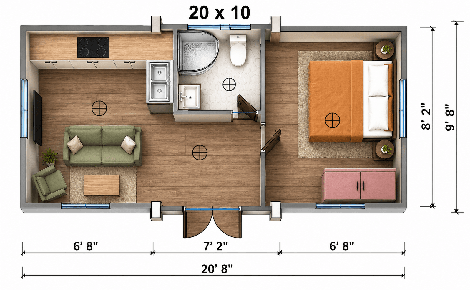 Furnished 20x10 studio floor plan.
