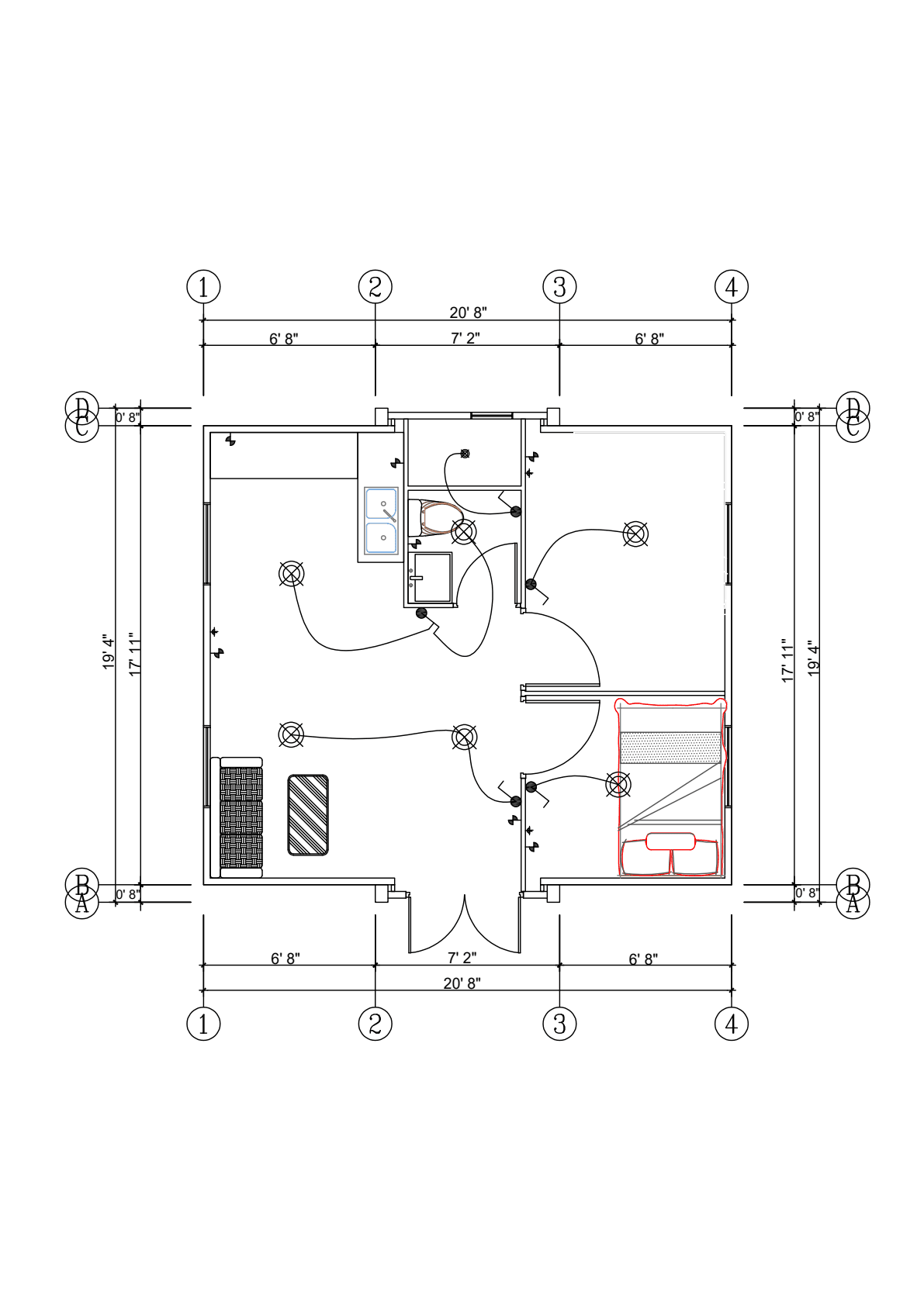 20x20 two-bedroom floor plan.