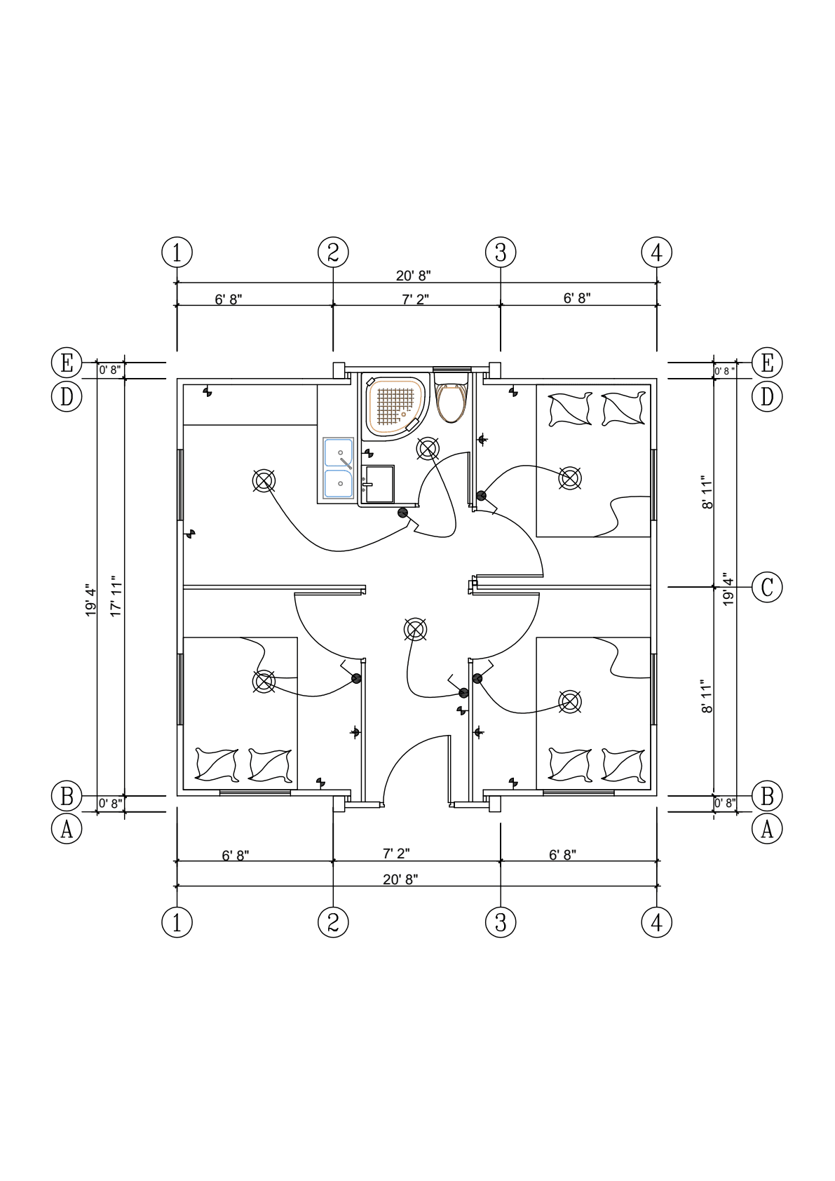 20x20 three-bedroom floor plan.