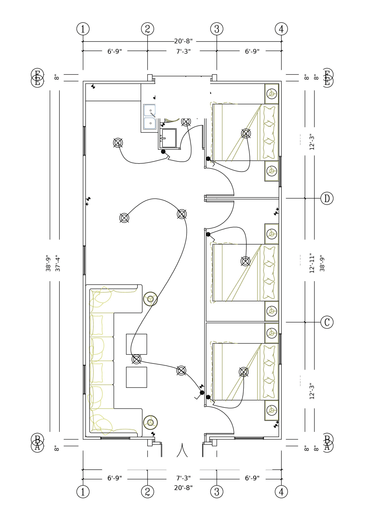 20x40 three-bedroom floor plan.