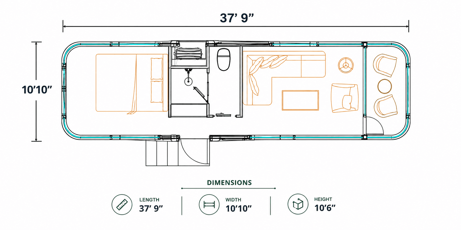 Space Capsule floor plan, 37 feet 9 inches long.