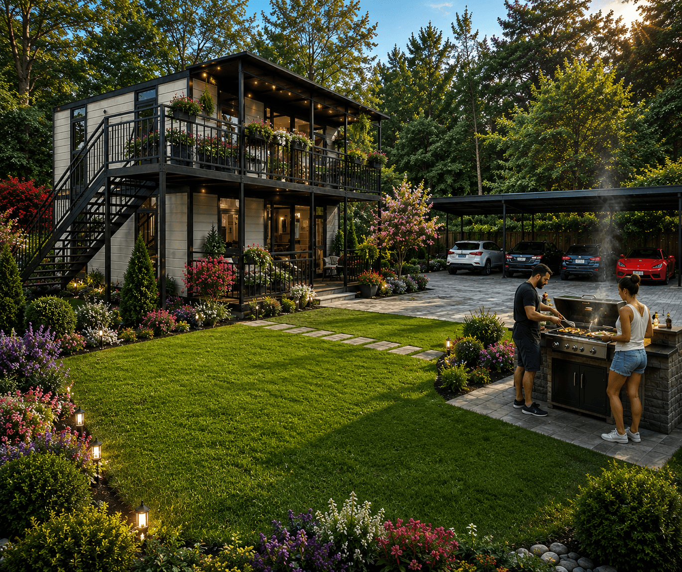 Two-story expandable container home with balconies, landscaped gardens, and a family enjoying the backyard.