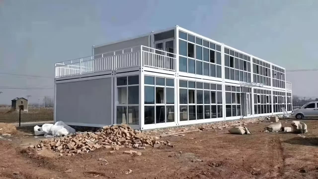 Two-story modular glass office building with a rooftop balcony.