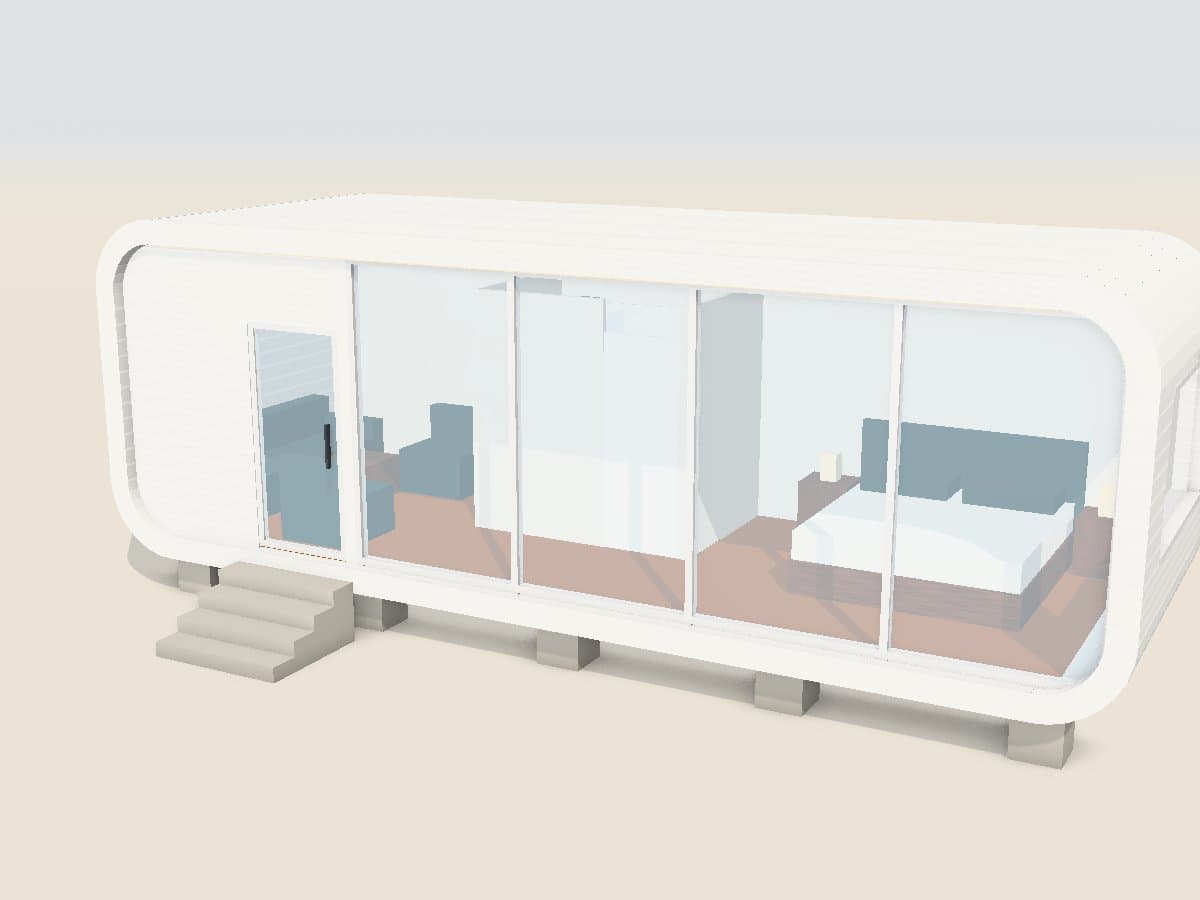 An F-7 Apple Cabin with its glass front and entry steps, as shown in the 3D designer