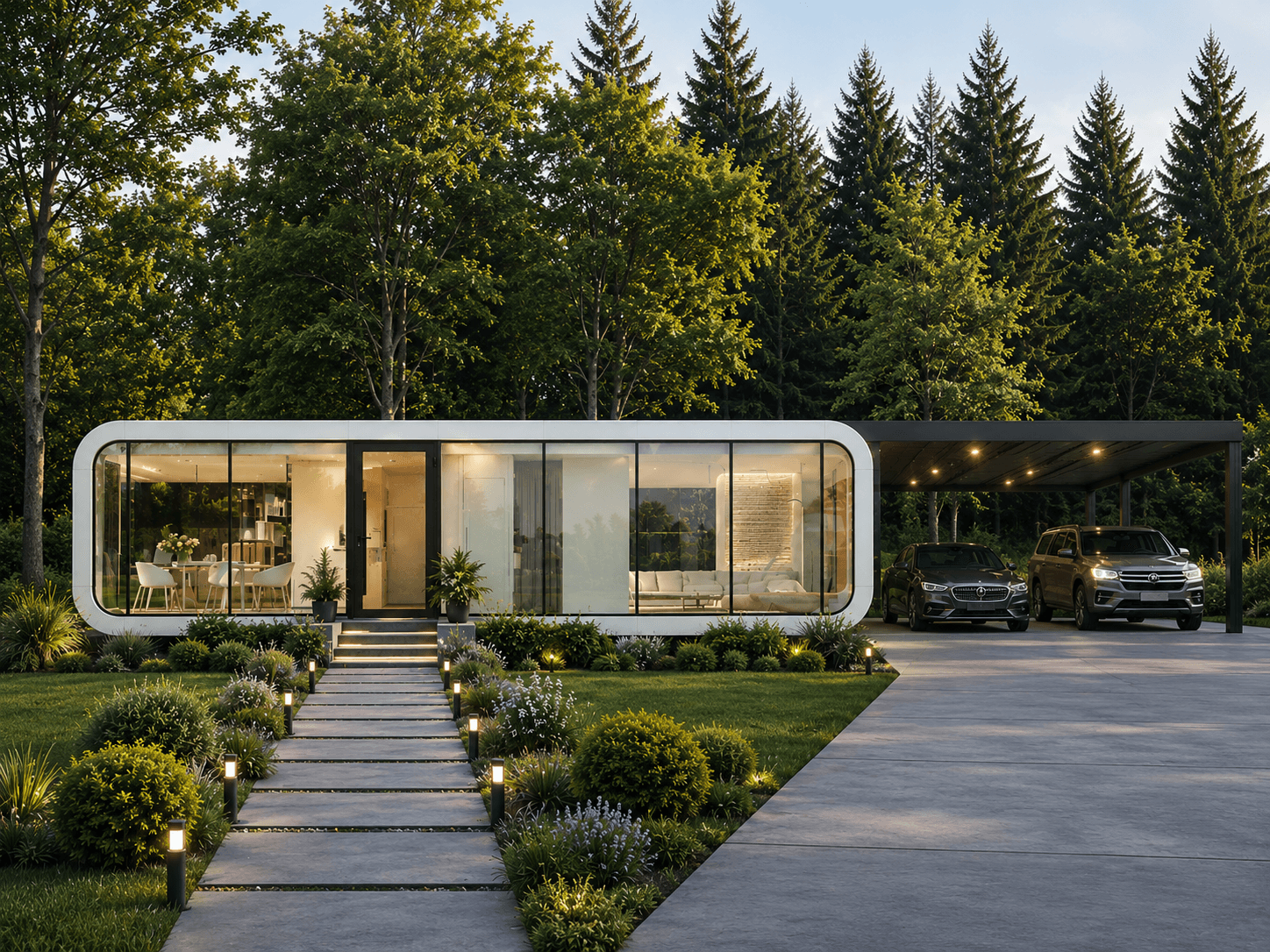 Apple Cabin among pine trees with a carport.