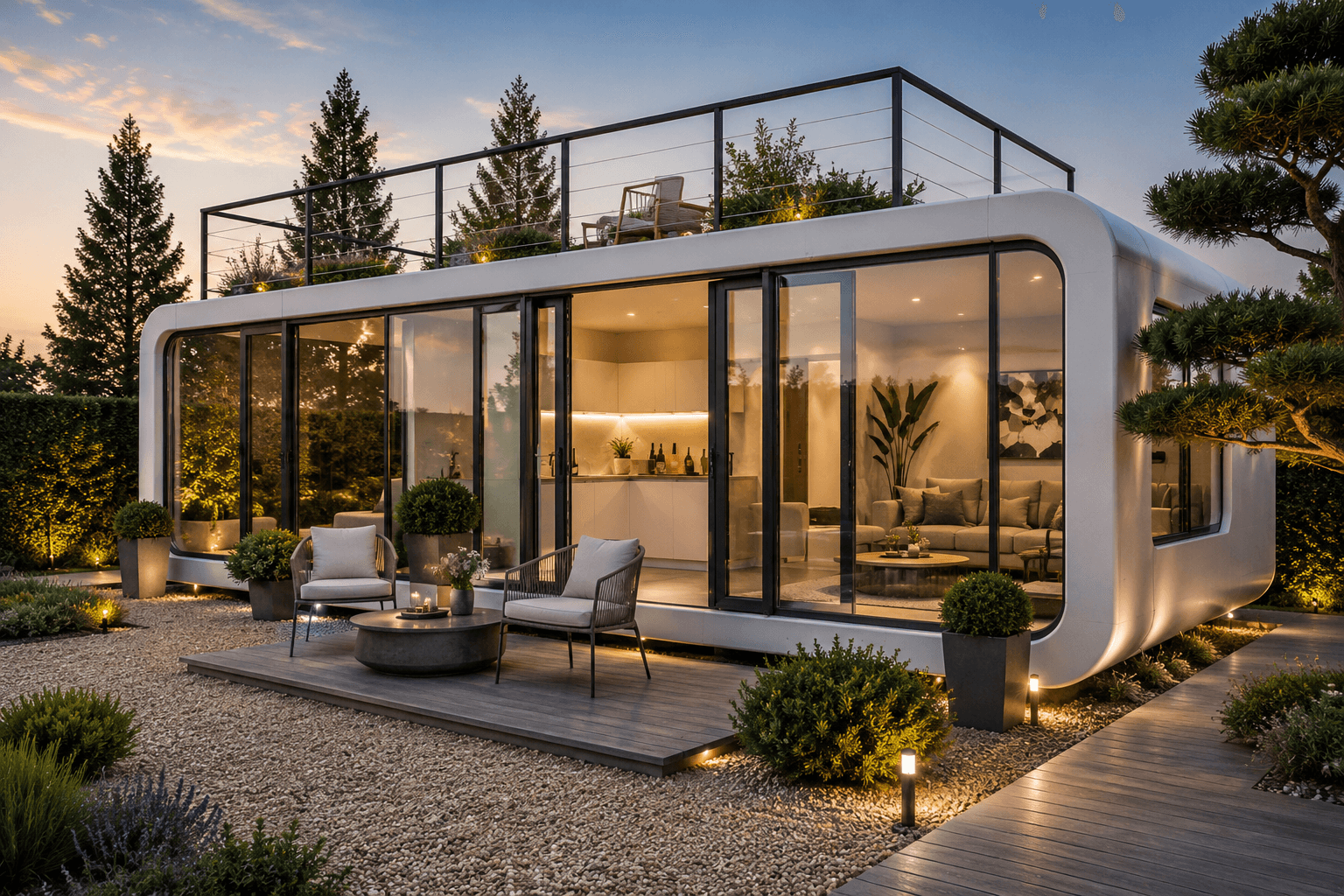 Apple Cabin with a rooftop terrace at dusk.