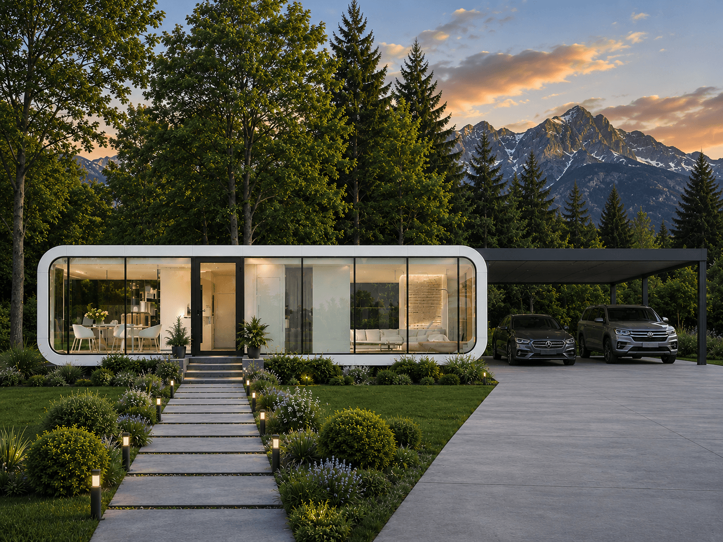 Apple Cabin with a mountain backdrop at sunset.