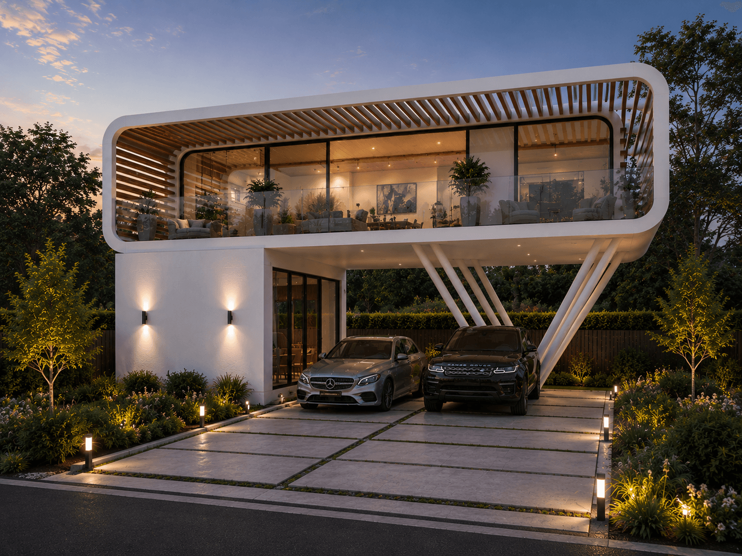 Elevated Apple Cabin over a carport at twilight.