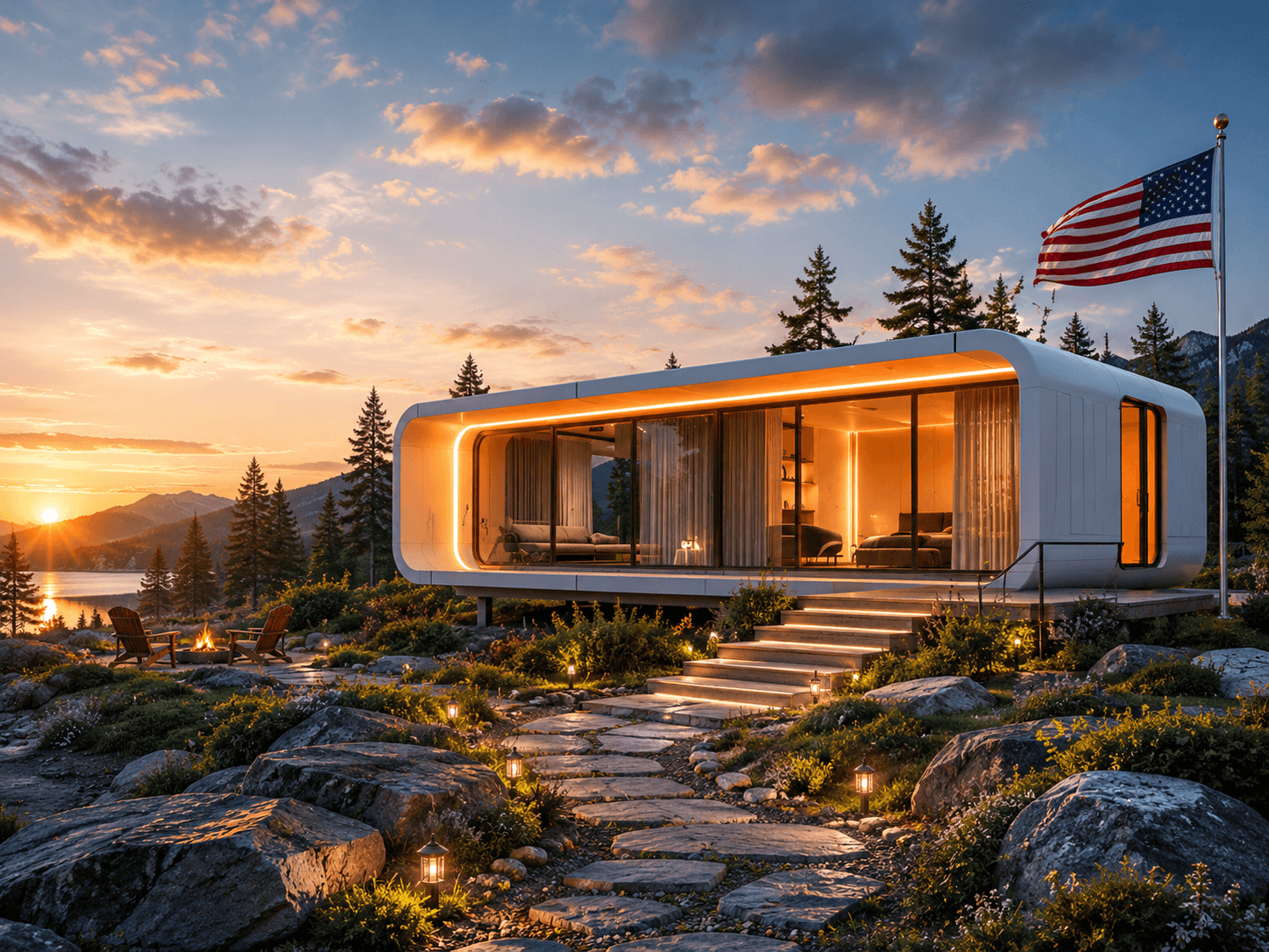 Apple Cabin with an American flag overlooking a lake at sunset.