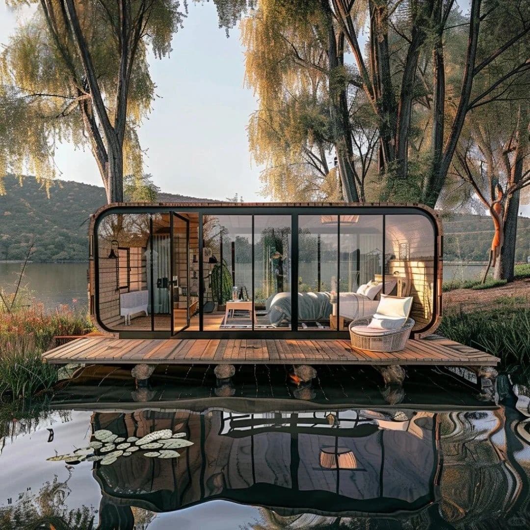 Apple Cabin with a wood deck beside a lake at sunset.