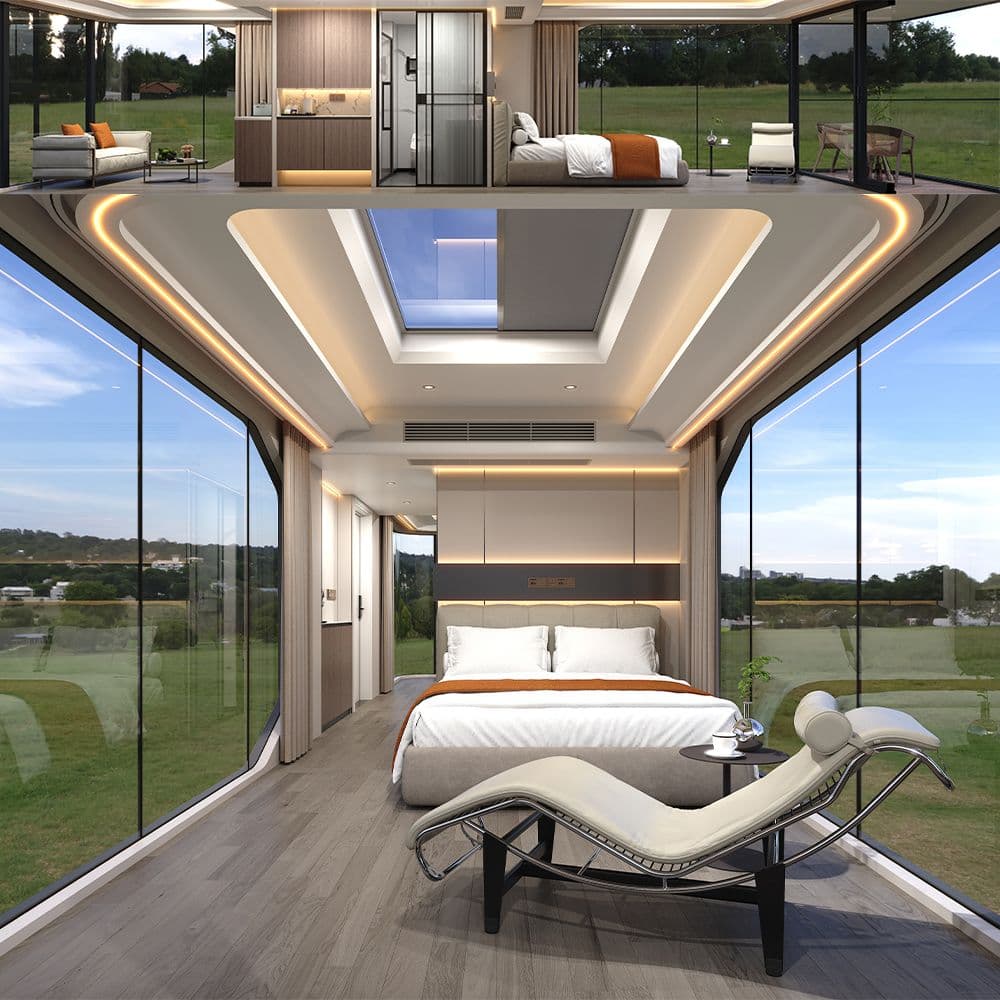 Apple Cabin interior with a bed, lounge chair, and skylight.