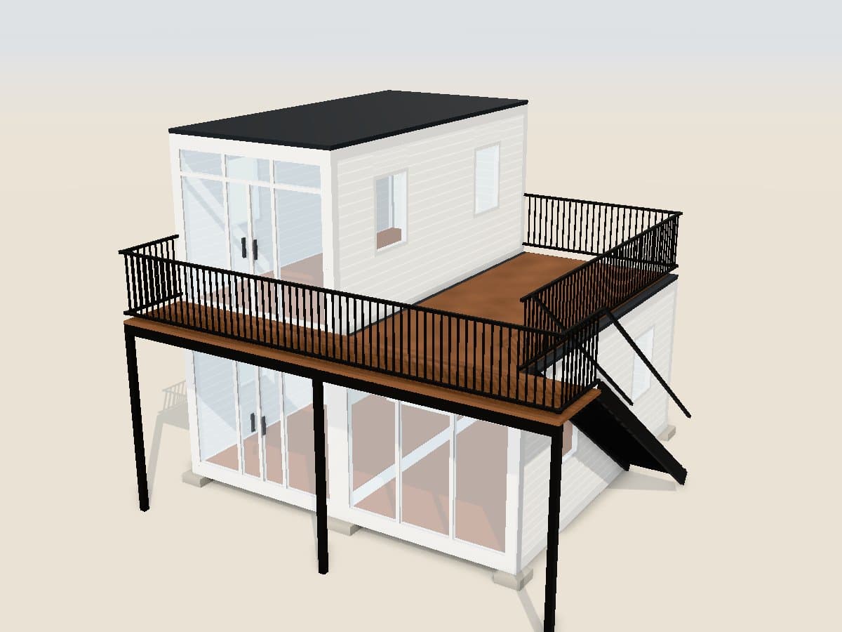 A two-storey glass-front assembly home with a balcony, roof terrace and steel stair, as designed in the 3D designer