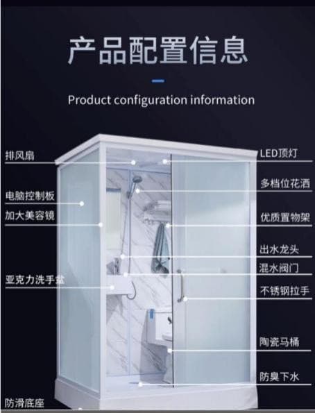 Labelled bathroom pod: exhaust fan, control panel, large mirror, acrylic wash basin, non-slip base, LED ceiling light, multi-setting shower head, shelf, faucet, mixing valve, stainless steel handle, ceramic toilet, and odor-trap drain.