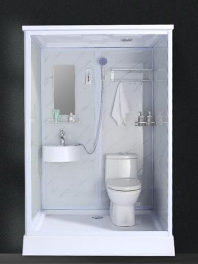 Modular bathroom pod from the front: wash basin, mirror, shower and toilet behind clear panels on a raised base.