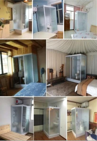 Eight photos of bathroom pods standing in finished rooms, bedrooms and a tent.