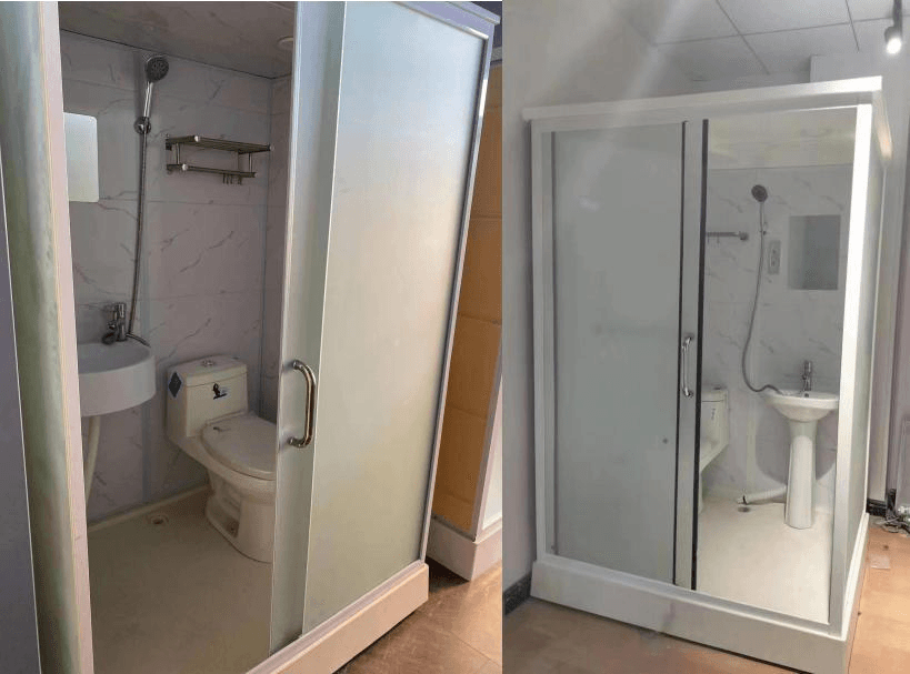 Two bathroom pods with frosted sliding doors, one with a wall basin and one with a pedestal basin.