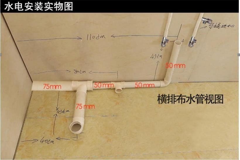 Photo of drain pipes run across the floor for a bathroom pod: 3 inch toilet waste and 2 inch basin and shower drains, with hot and cold supply valves on the wall.