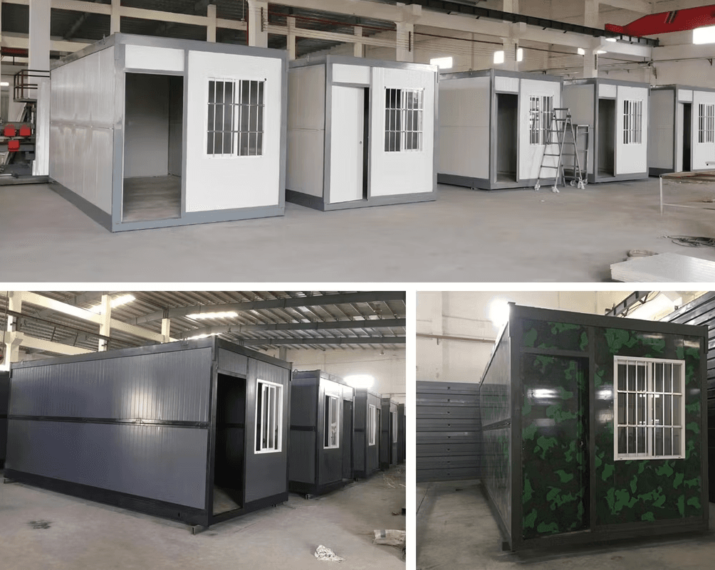 Folding emergency units in the factory in white, dark gray and green camouflage finishes.
