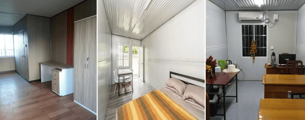 Three fitted-out folding units: an office with a wardrobe and desk, a bedroom with a dining table, and an office with an air conditioner.