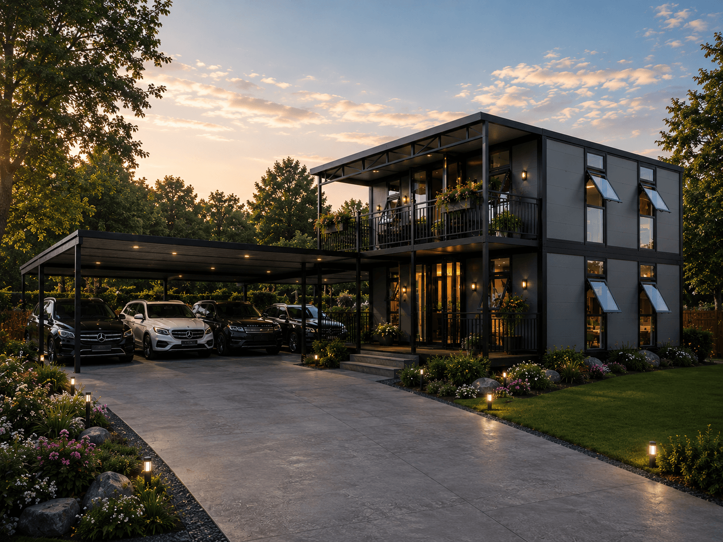 Dark two-story duplex with a carport at dusk.