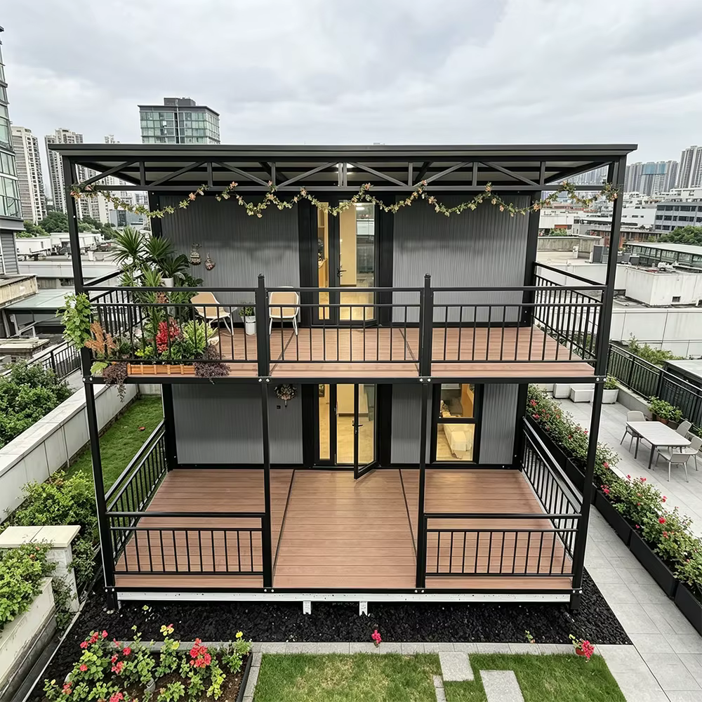 Two-story duplex with rooftop balconies in a city setting.