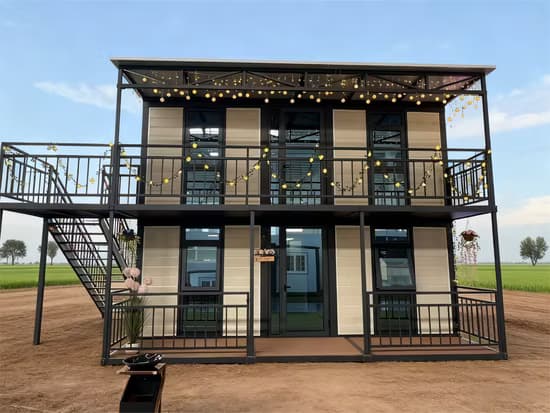 Two-story duplex expandable home in an open field.