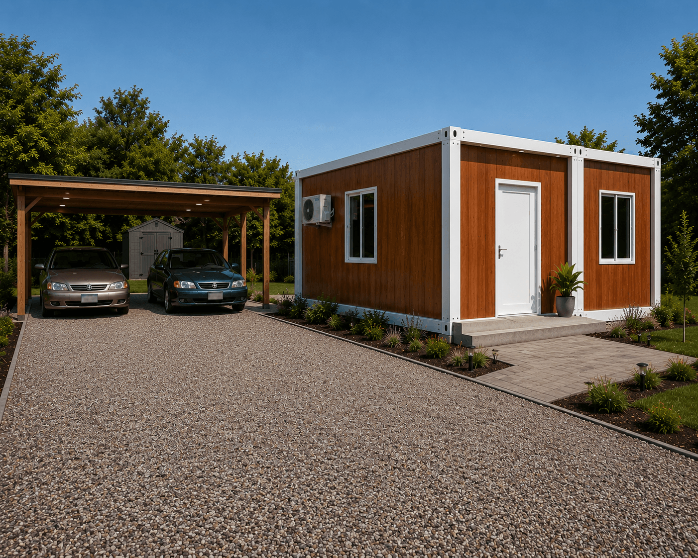 Compact expandable home with a carport and gravel driveway.