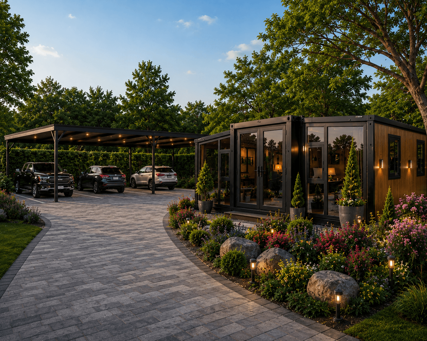 Expandable home with glass walls and landscaped garden lighting.