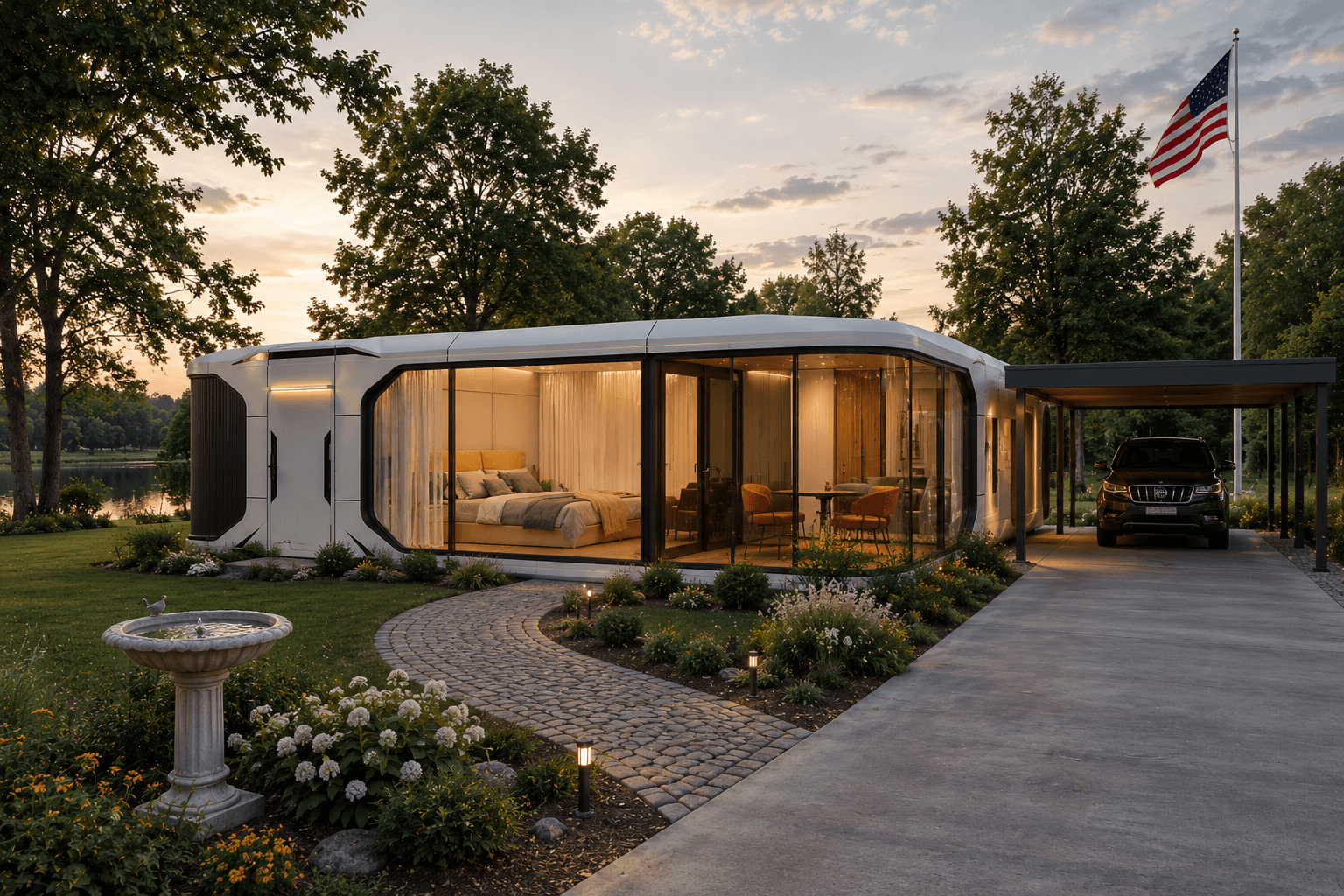 Space Capsule home with an American flag beside a lake.