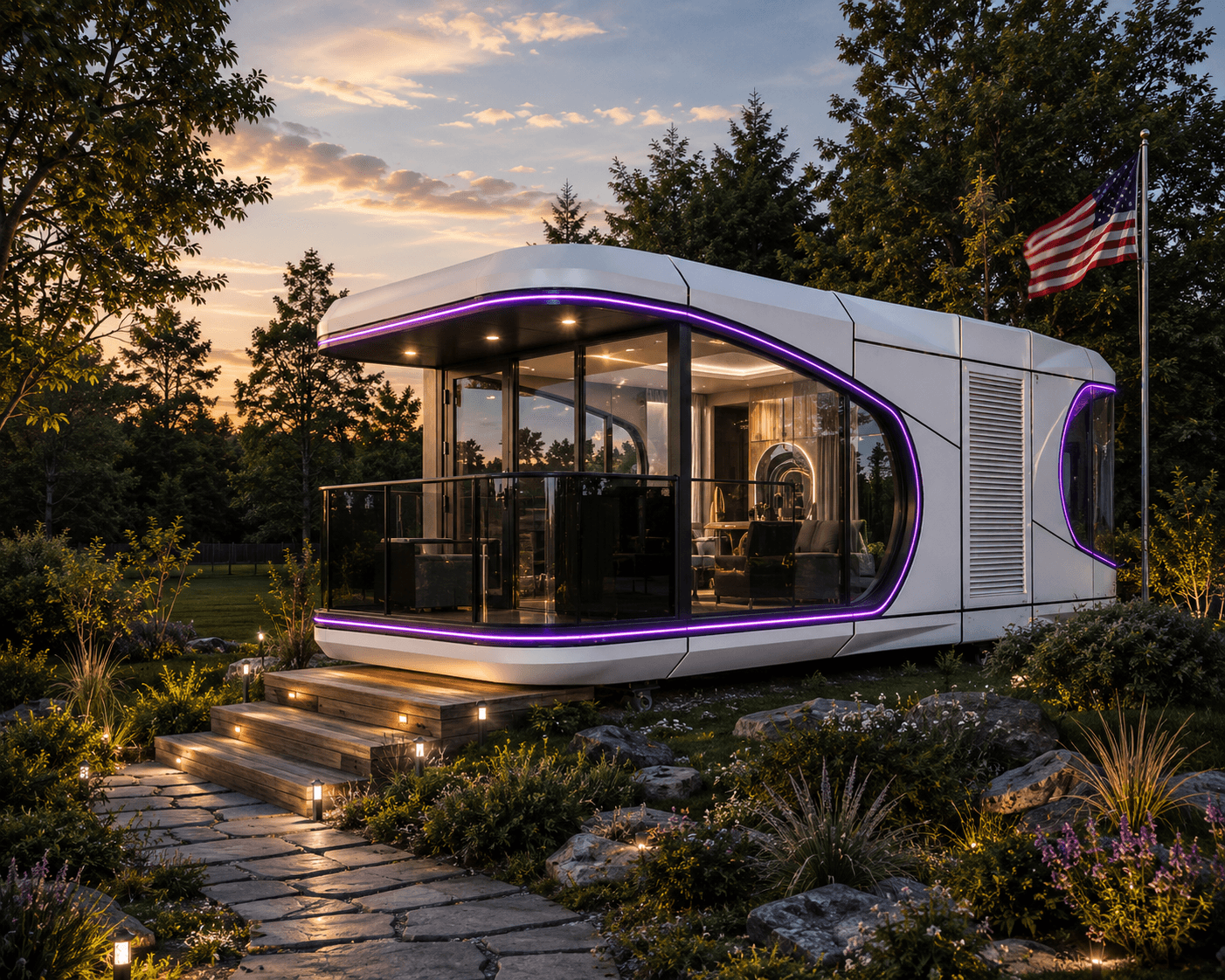 Space Capsule home with purple LED accents at dusk.
