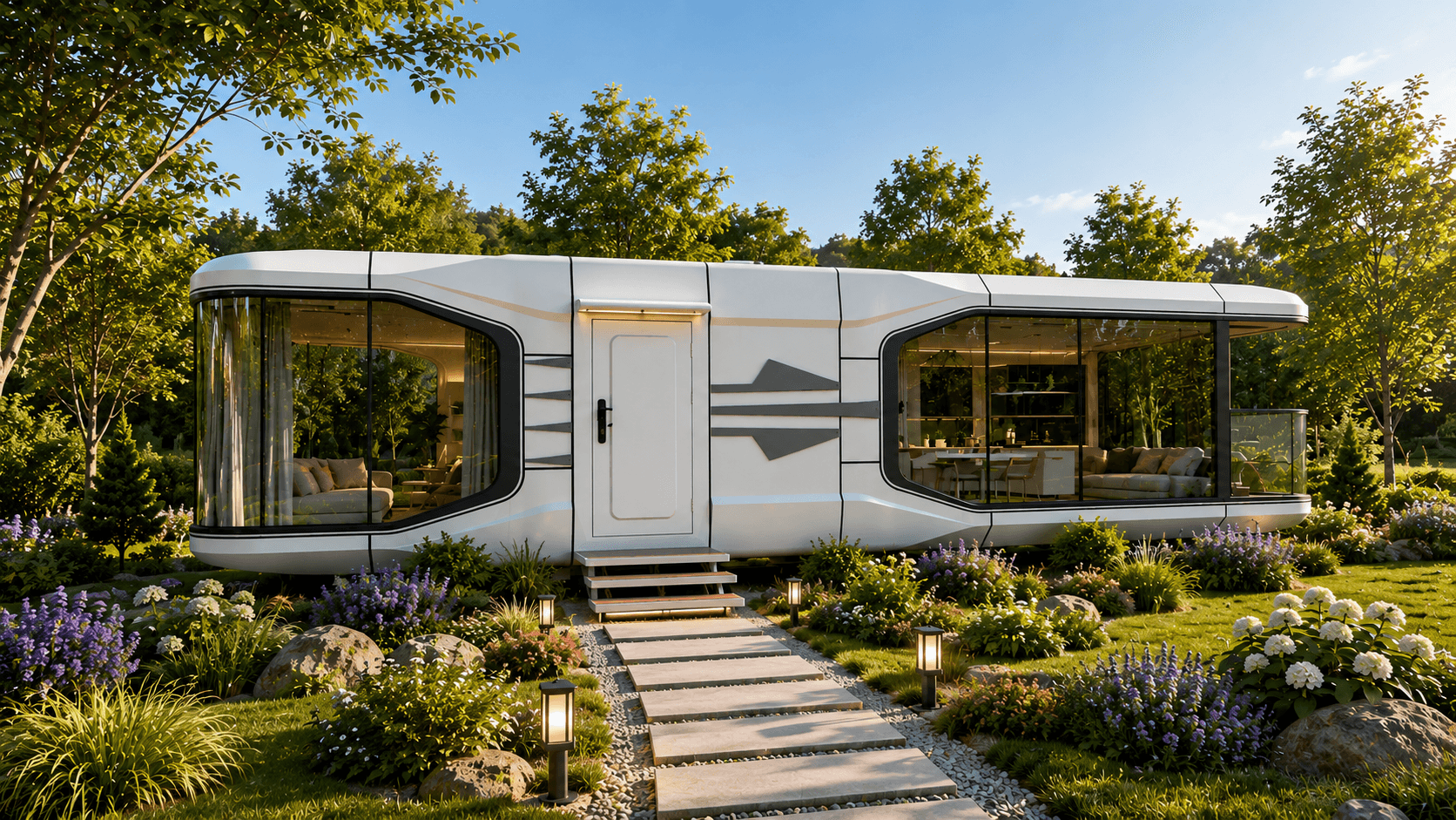 Space Capsule home with sculpted white panels in a garden.