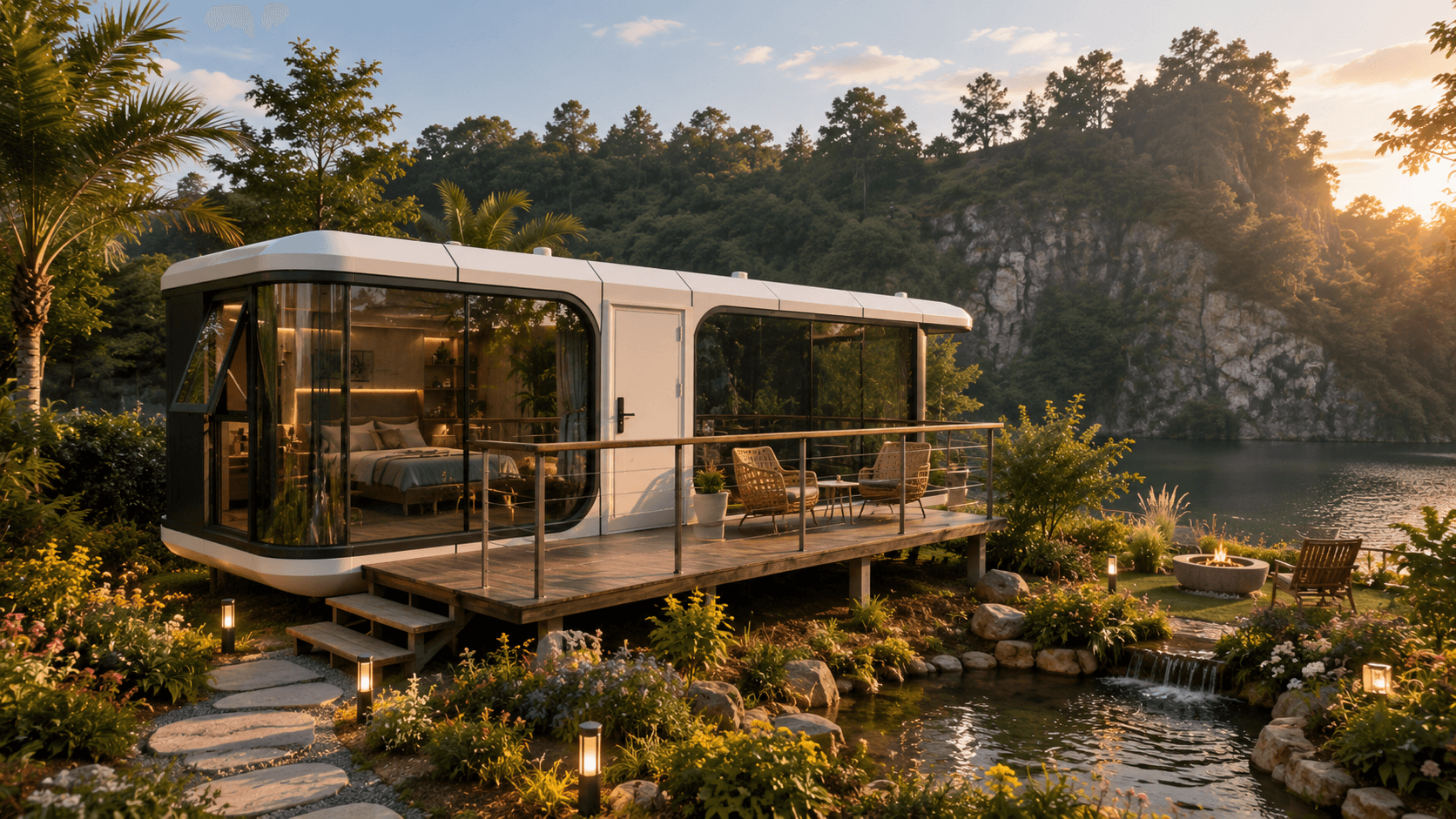 Space Capsule home on a lakeside glamping deck at sunset.