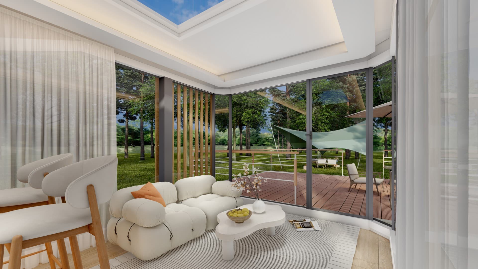 Space Capsule living area with curved glass and forest views.
