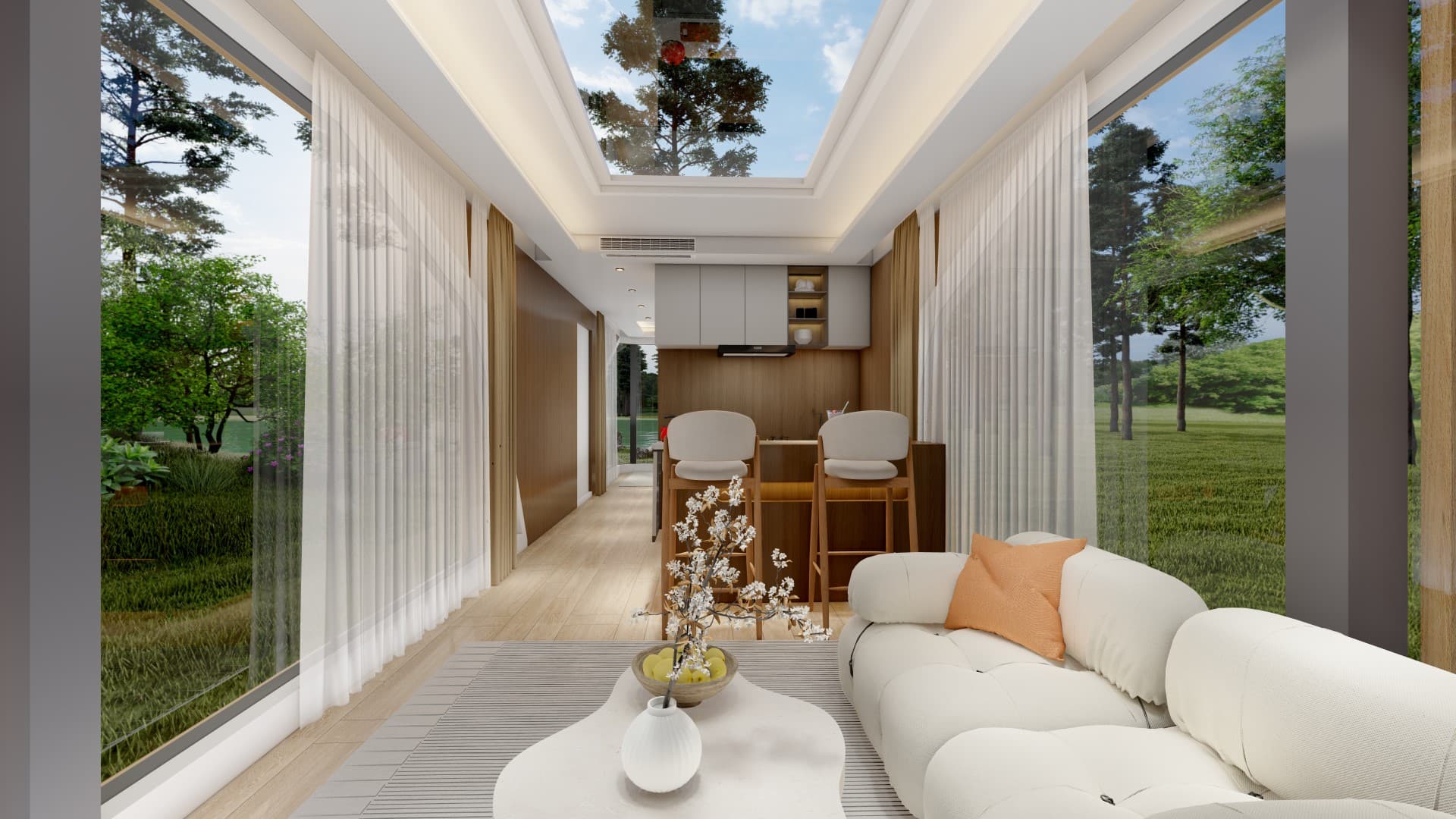 Space Capsule interior with a kitchenette and lounge seating.