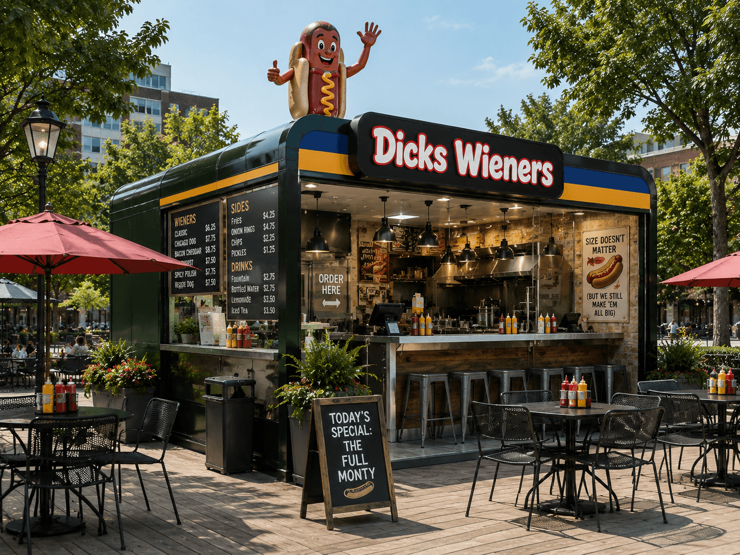 Container food kiosk in a city park with patio seating.
