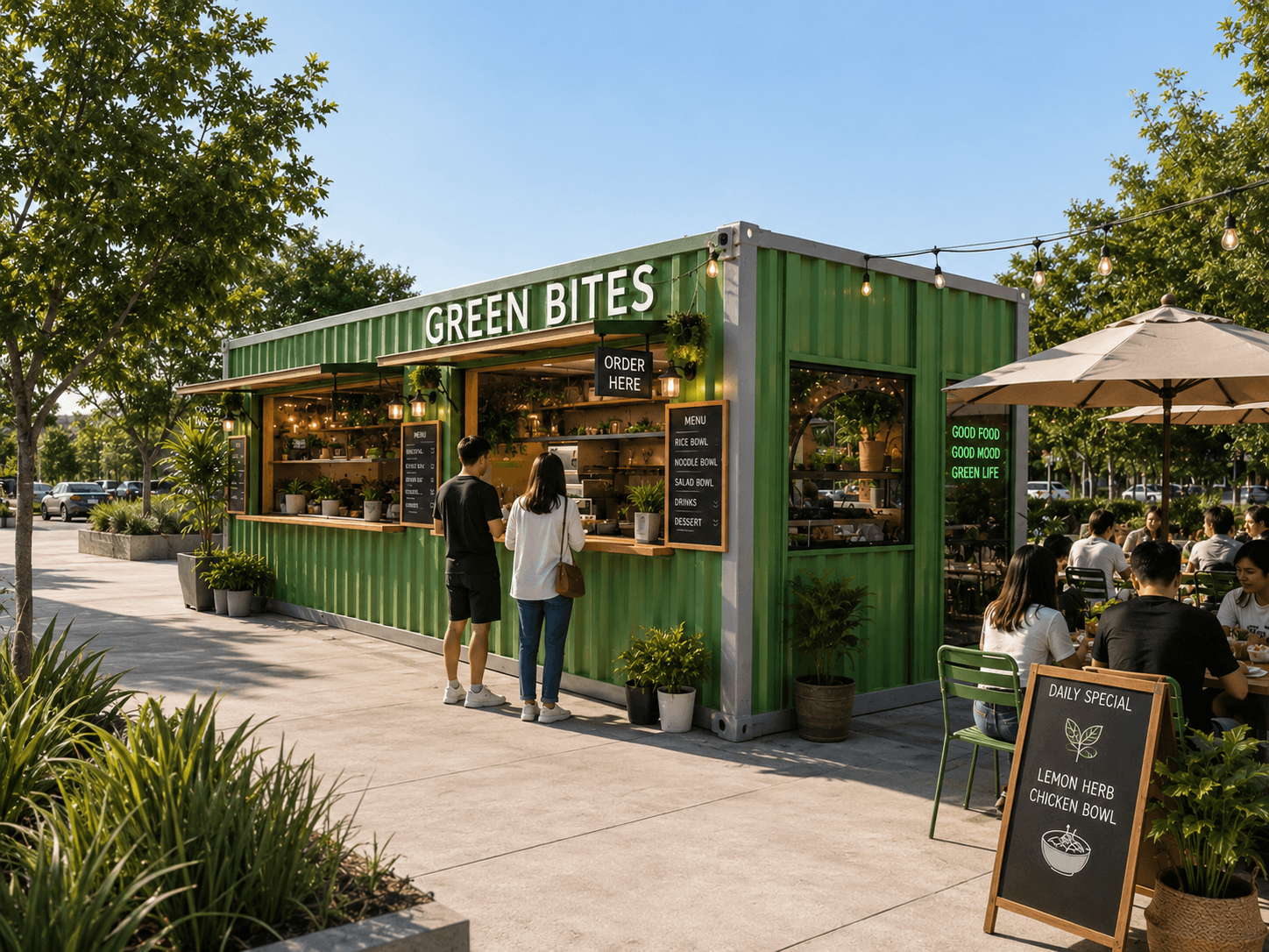 Green container cafe with customers ordering at the counter.