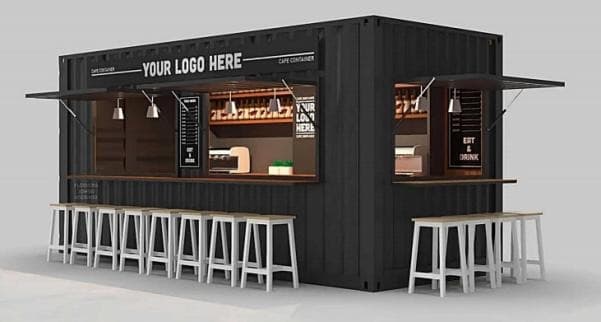 Customizable black container cafe with bar seating and branding space.