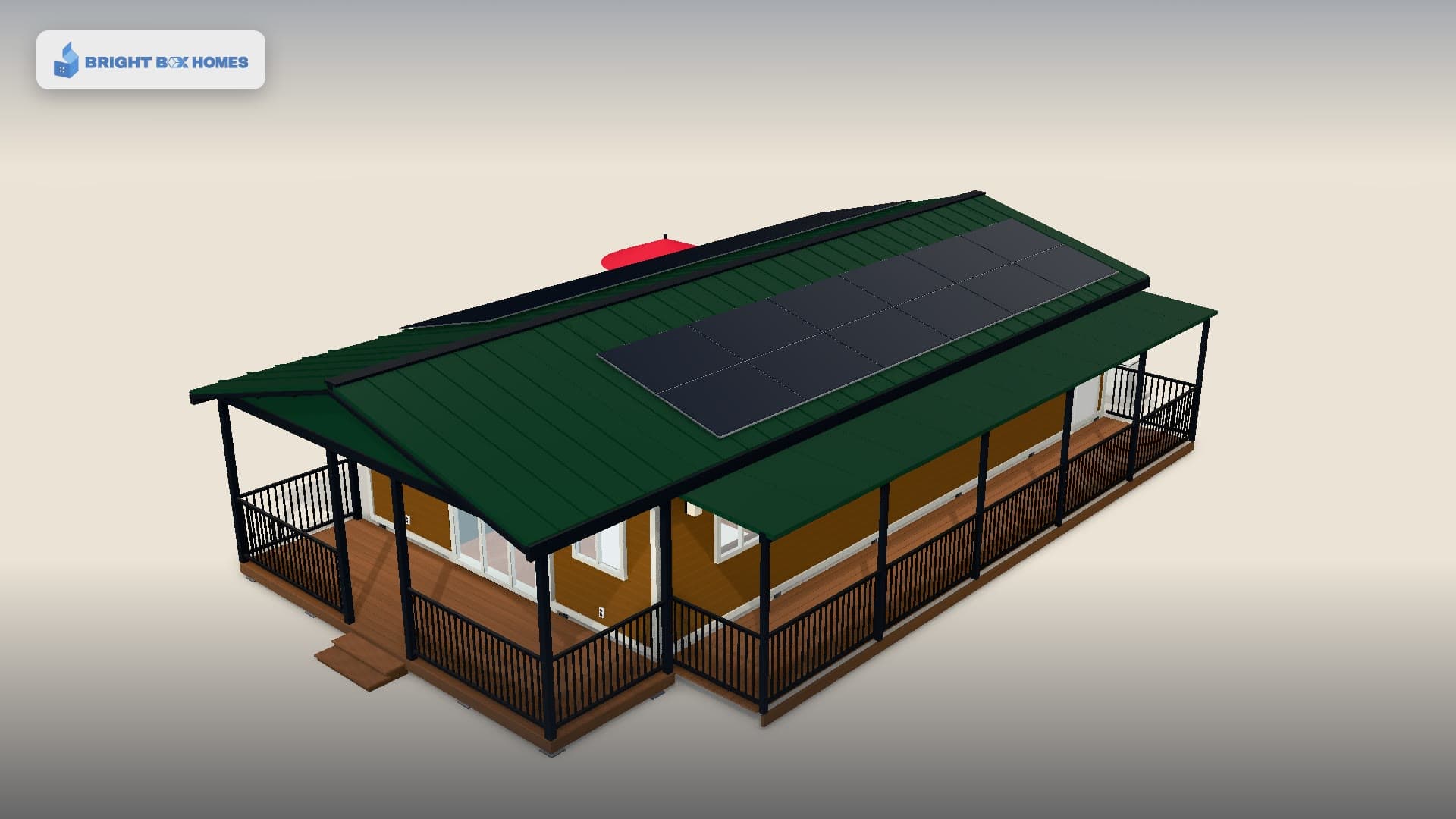 A Bright Box home with a metal roof, solar and a covered patio, as designed in the 3D configurator
