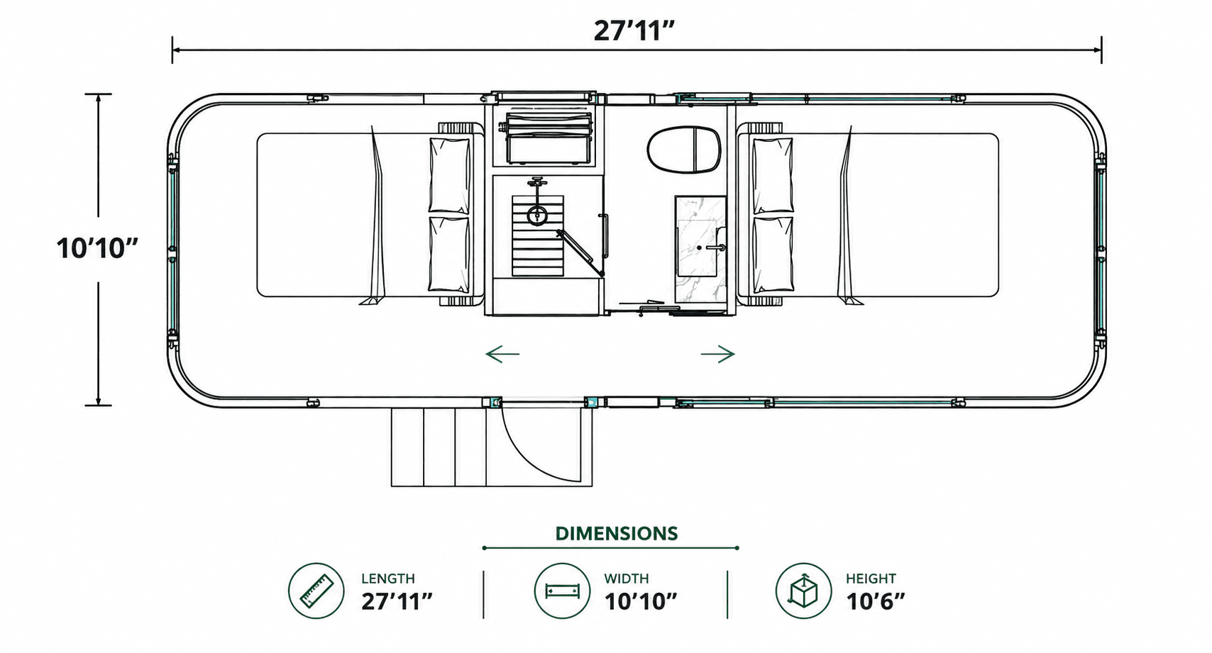 Apple Cabin floor plan, 27 feet 11 inches long.