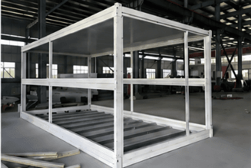 Steel frame of a folding emergency house.