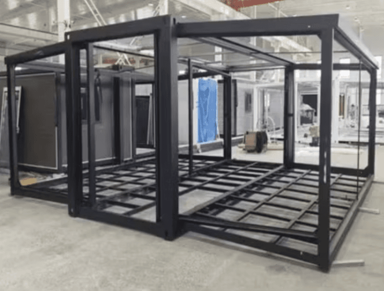 Galvanized steel frame of an expandable container home.
