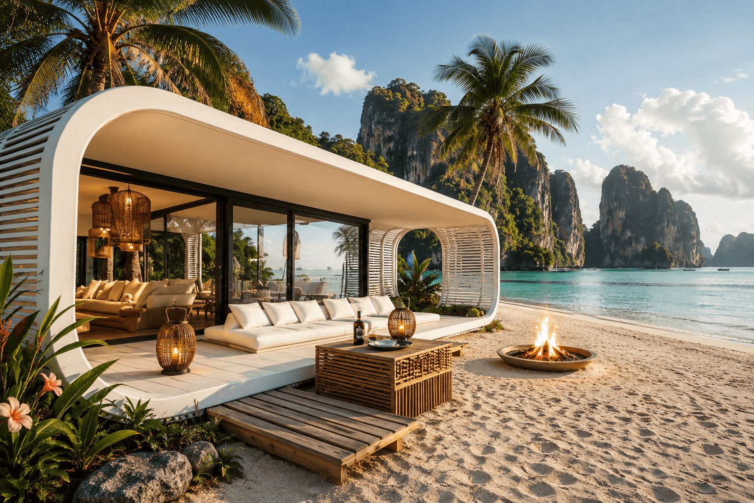 Apple Cabin on a tropical beach at sunset.