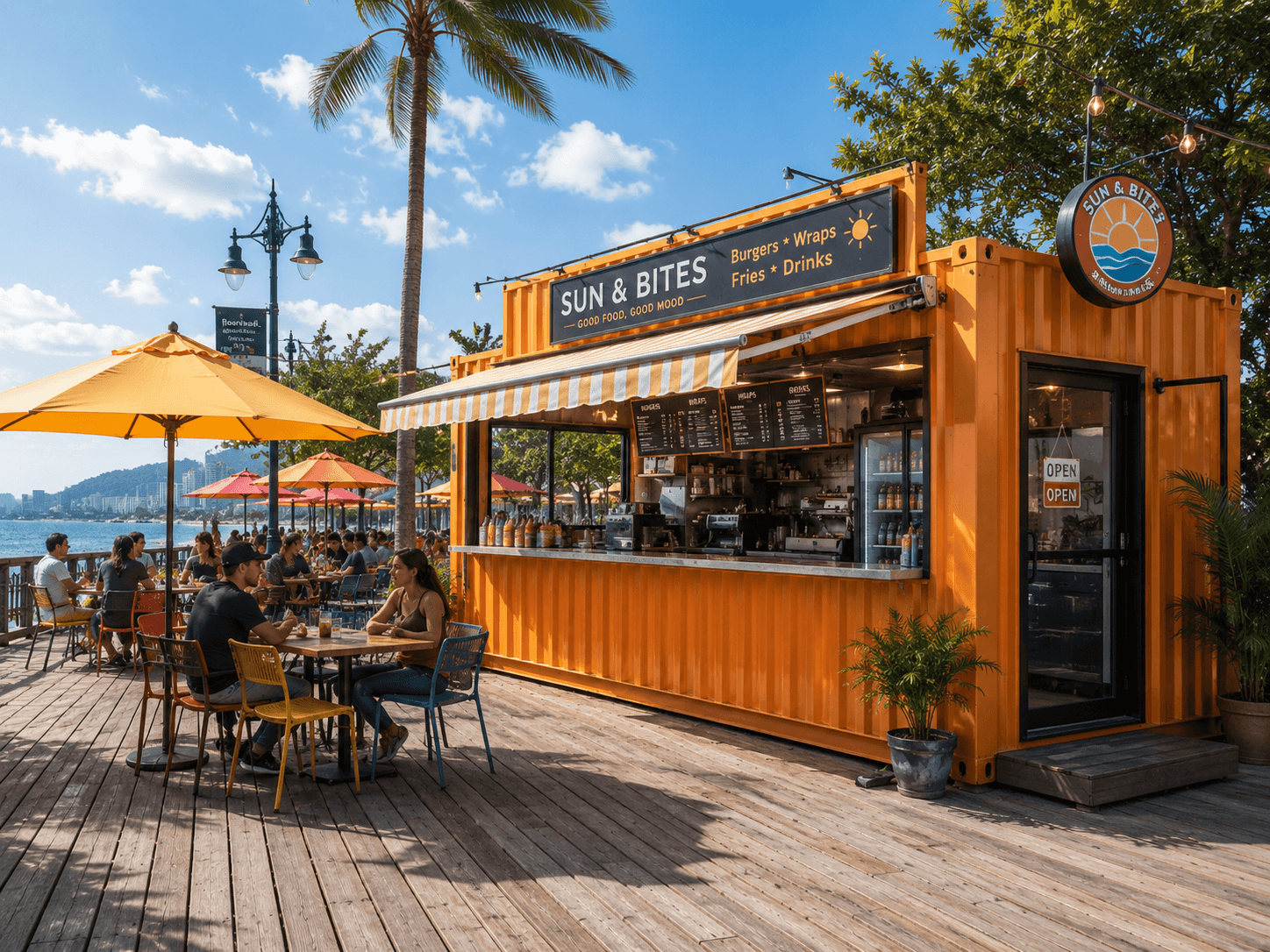 Orange container food stand on a boardwalk with outdoor seating.
